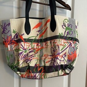 Burberry Floral Canvas Tote with Black Handles and reversible